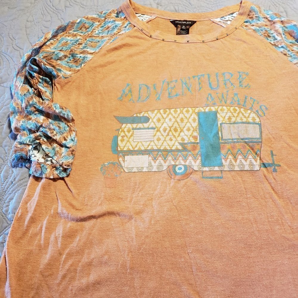 Multiples Clothing Label Lace 3/4 Sleeve T-Shirt "Adventure Awaits" - Size - Med